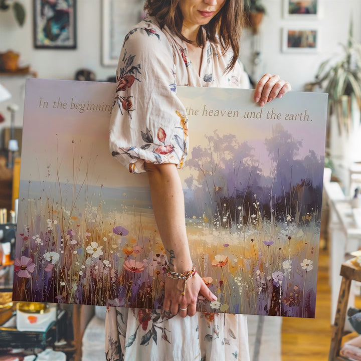 Heavenly Genesis Canvas – Pastel Wildflower Meadow Bible Verse Art - Gifitto