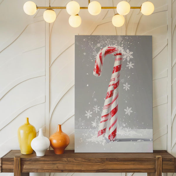 Minimalist Candy Cane Canvas – Classic Christmas Treat on Snowflake Gray Background - Gifitto