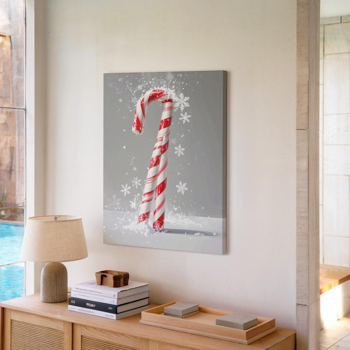 Minimalist Candy Cane Canvas – Classic Christmas Treat on Snowflake Gray Background - Gifitto
