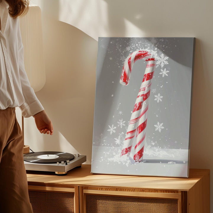 Minimalist Candy Cane Canvas – Classic Christmas Treat on Snowflake Gray Background - Gifitto