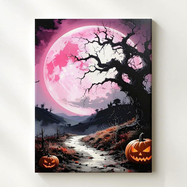 Suspenseful Hillscape Path Canvas – Glowing Pink Moon & Halloween Scene - Gifitto