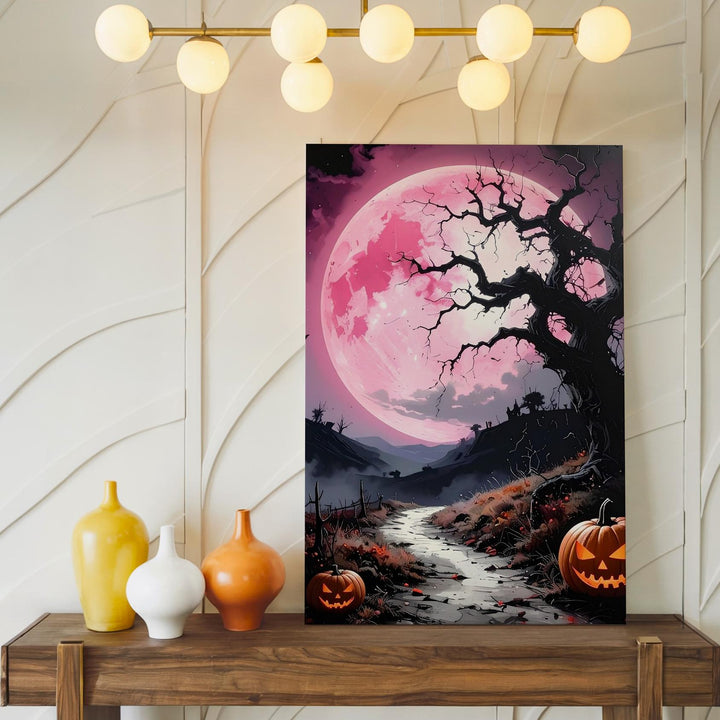 Suspenseful Hillscape Path Canvas – Glowing Pink Moon & Halloween Scene - Gifitto