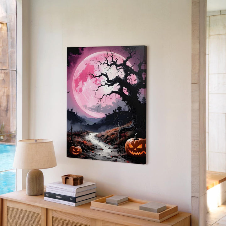 Suspenseful Hillscape Path Canvas – Glowing Pink Moon & Halloween Scene - Gifitto
