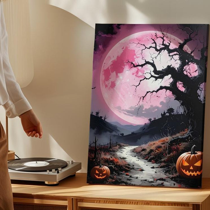 Suspenseful Hillscape Path Canvas – Glowing Pink Moon & Halloween Scene - Gifitto