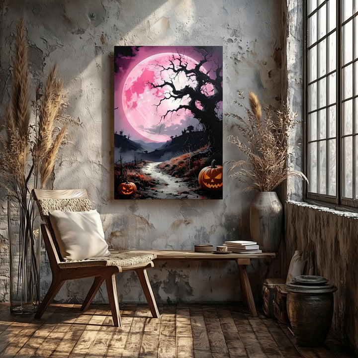 Suspenseful Hillscape Path Canvas – Glowing Pink Moon & Halloween Scene - Gifitto