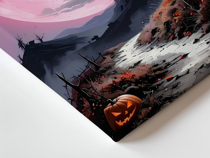 Suspenseful Hillscape Path Canvas – Glowing Pink Moon & Halloween Scene - Gifitto