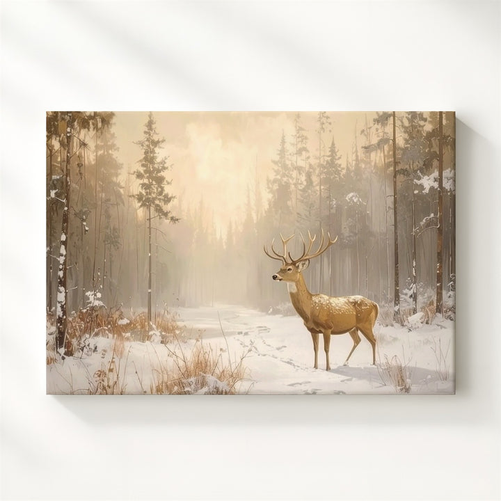 Golden Silence in the Pines – Majestic Winter Deer Canvas Art - Gifitto