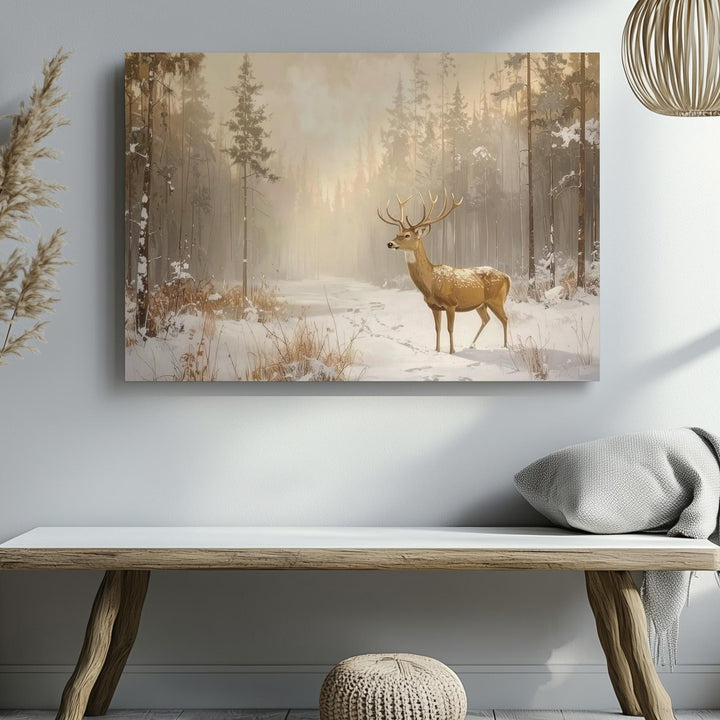 Golden Silence in the Pines – Majestic Winter Deer Canvas Art - Gifitto