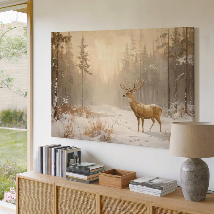 Golden Silence in the Pines – Majestic Winter Deer Canvas Art - Gifitto