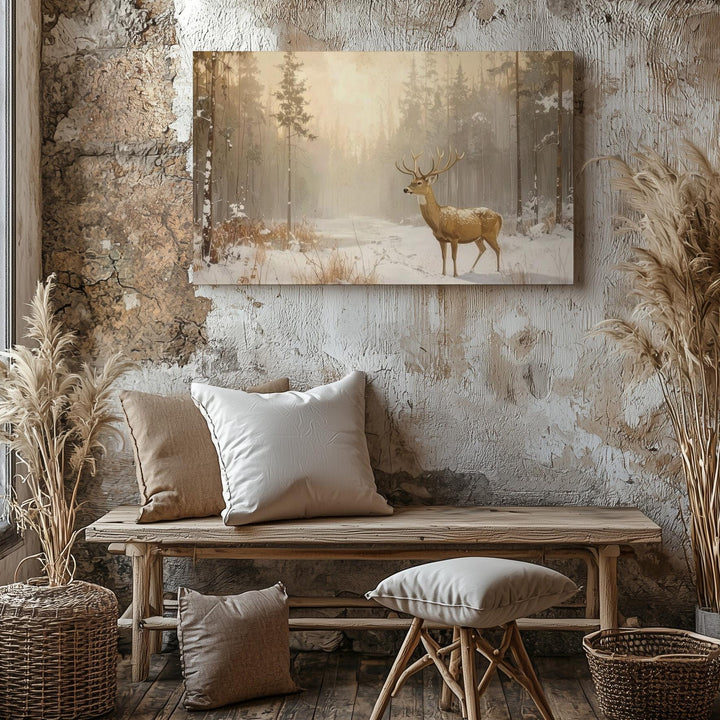 Golden Silence in the Pines – Majestic Winter Deer Canvas Art - Gifitto