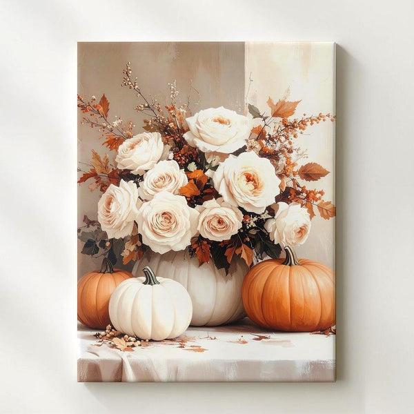 Elegant Pumpkin & Rose Canvas – Neutral Floral Fall Wall Art - Gifitto
