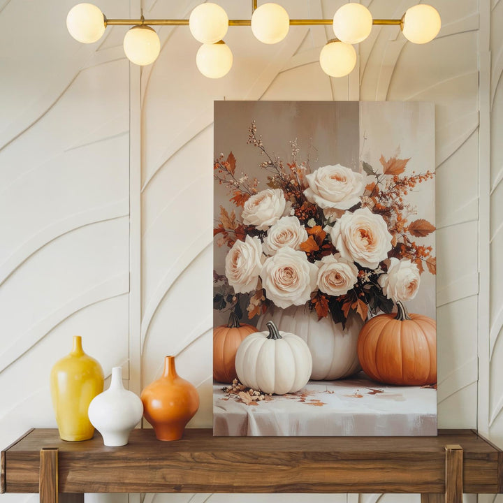 Elegant Pumpkin & Rose Canvas – Neutral Floral Fall Wall Art - Gifitto