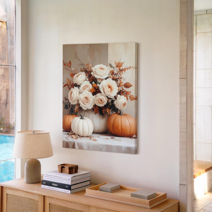 Elegant Pumpkin & Rose Canvas – Neutral Floral Fall Wall Art - Gifitto