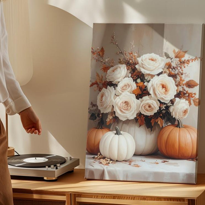 Elegant Pumpkin & Rose Canvas – Neutral Floral Fall Wall Art - Gifitto