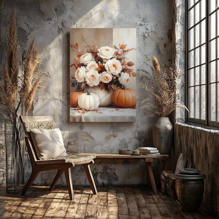 Elegant Pumpkin & Rose Canvas – Neutral Floral Fall Wall Art - Gifitto