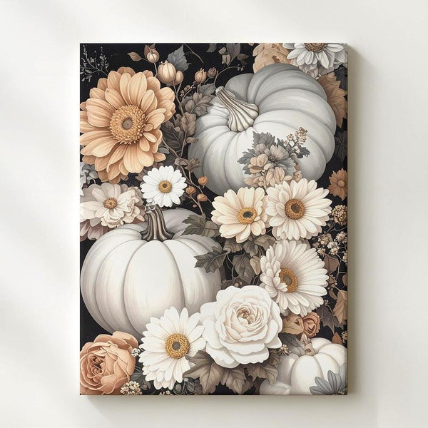 Elegant Pumpkin & Floral Bouquet Canvas – Vintage Autumn Still Life Art - Gifitto