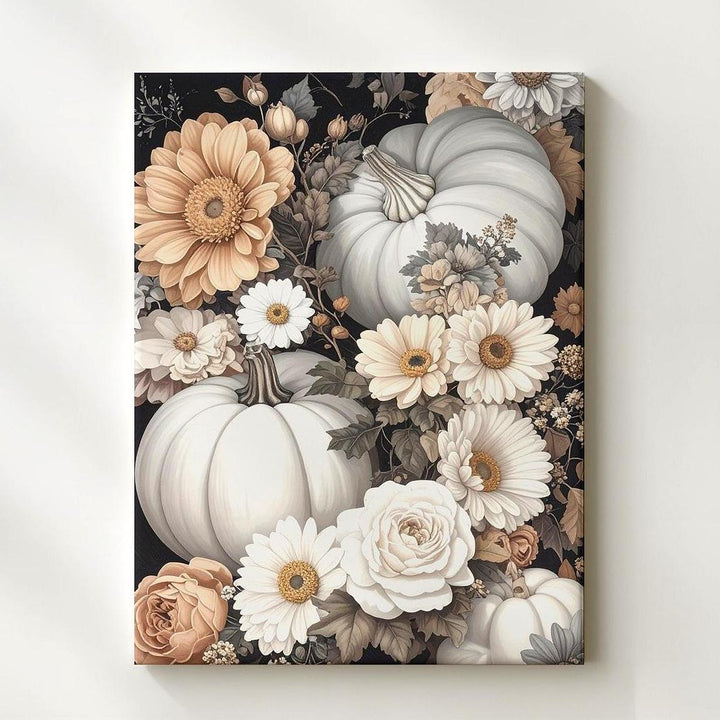 Elegant Pumpkin & Floral Bouquet Canvas – Vintage Autumn Still Life Art - Gifitto