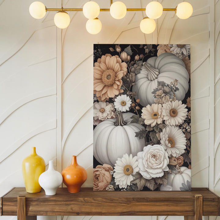 Elegant Pumpkin & Floral Bouquet Canvas – Vintage Autumn Still Life Art - Gifitto
