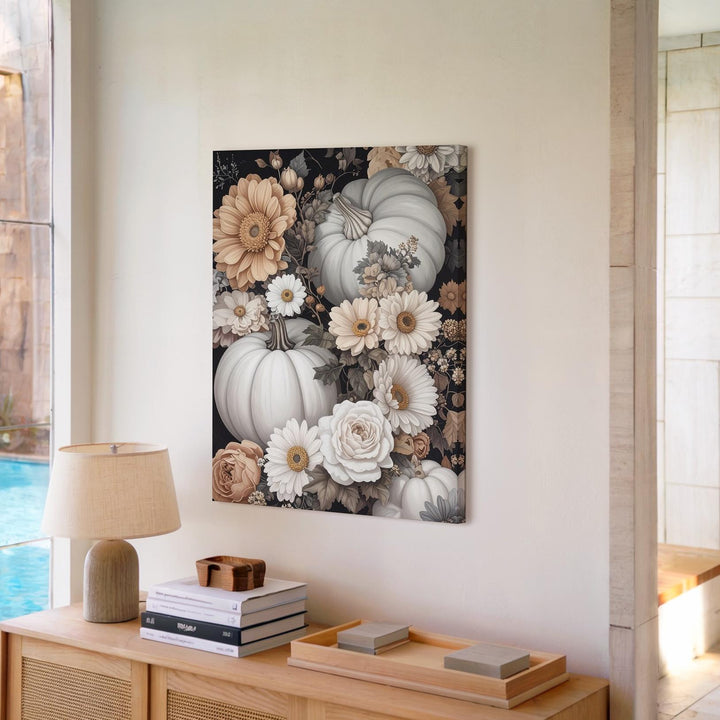 Elegant Pumpkin & Floral Bouquet Canvas – Vintage Autumn Still Life Art - Gifitto