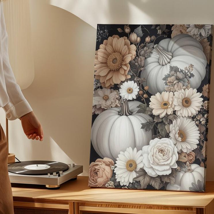 Elegant Pumpkin & Floral Bouquet Canvas – Vintage Autumn Still Life Art - Gifitto