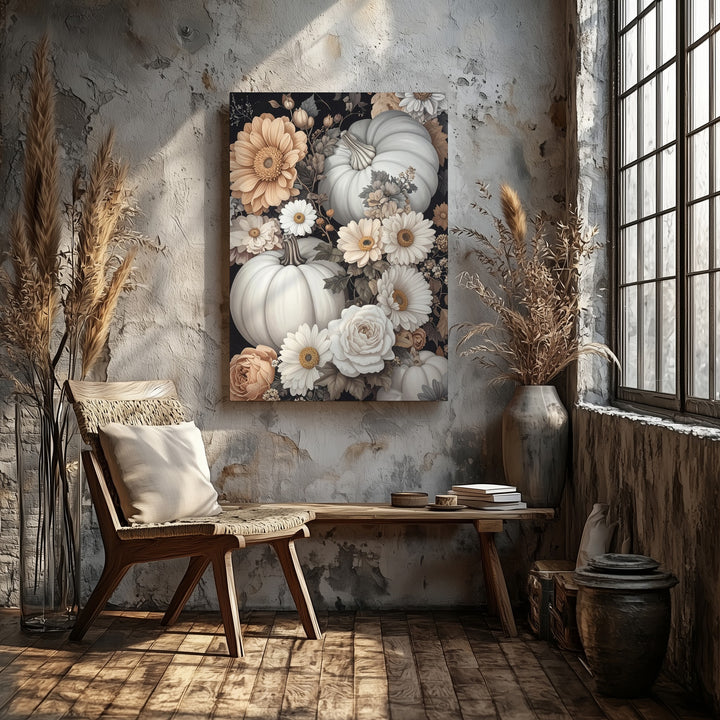Elegant Pumpkin & Floral Bouquet Canvas – Vintage Autumn Still Life Art - Gifitto