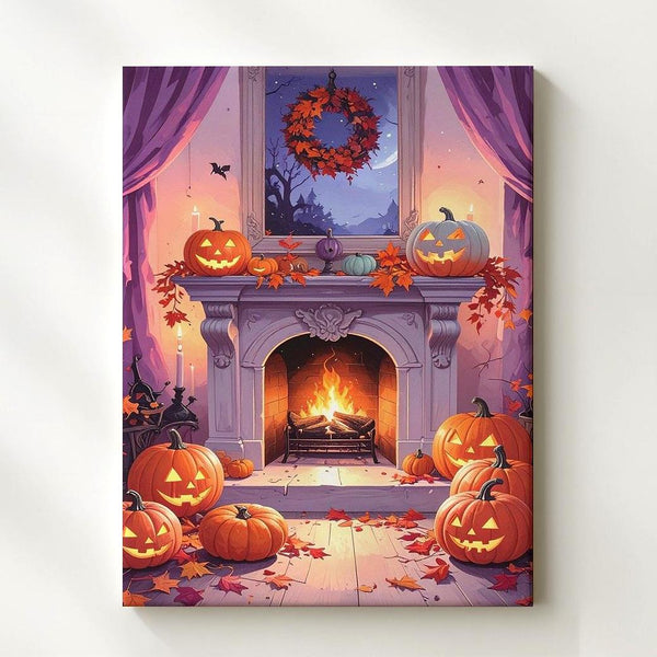 Elegant Halloween Fireplace Canvas – Cozy Jack-O’-Lantern Autumn Scene - Gifitto