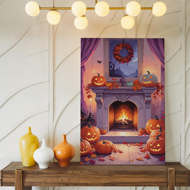 Elegant Halloween Fireplace Canvas – Cozy Jack-O’-Lantern Autumn Scene - Gifitto