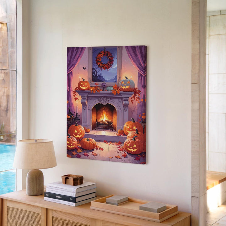 Elegant Halloween Fireplace Canvas – Cozy Jack-O’-Lantern Autumn Scene - Gifitto