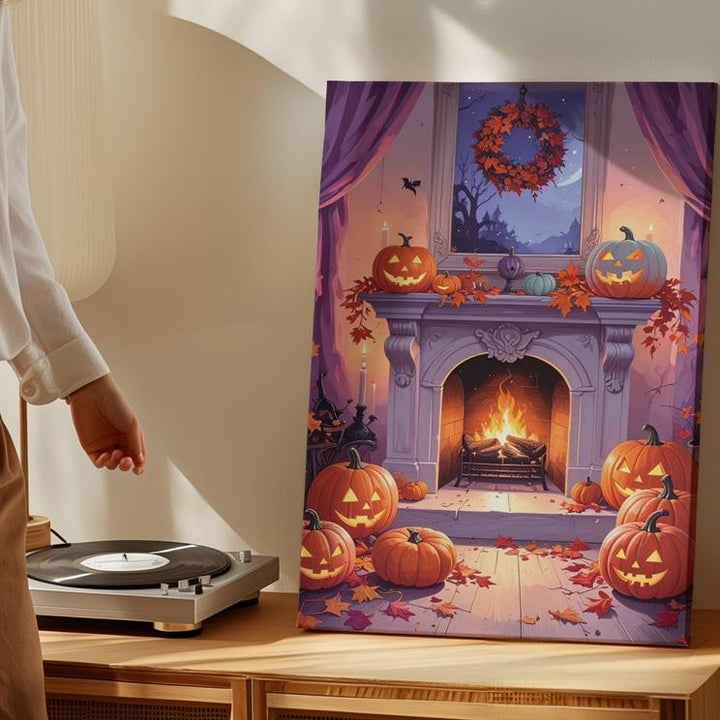 Elegant Halloween Fireplace Canvas – Cozy Jack-O’-Lantern Autumn Scene - Gifitto