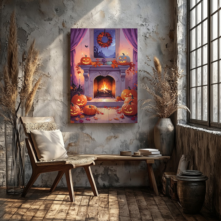 Elegant Halloween Fireplace Canvas – Cozy Jack-O’-Lantern Autumn Scene - Gifitto