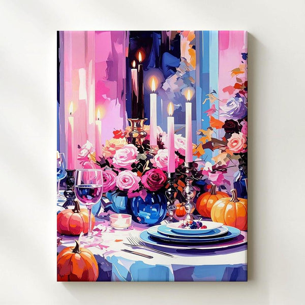 Elegant Pink & Blue Halloween Table Canvas – Glam Seasonal Interior Art - Gifitto