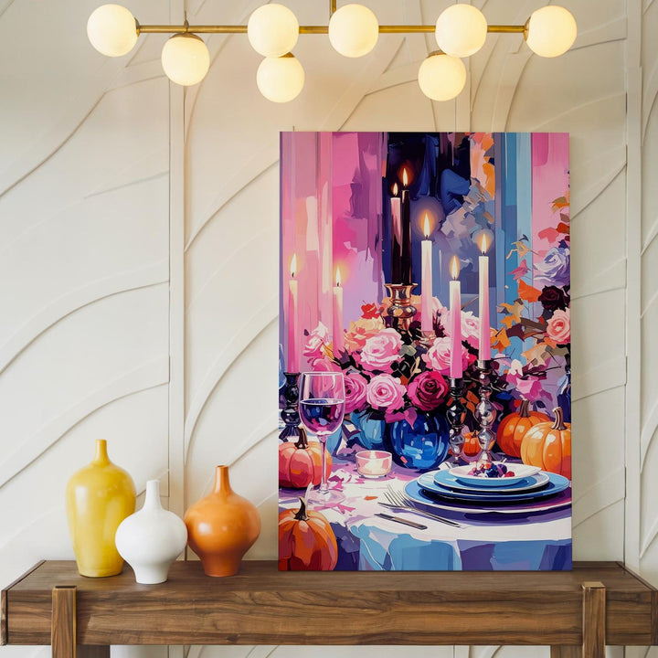 Elegant Pink & Blue Halloween Table Canvas – Glam Seasonal Interior Art - Gifitto