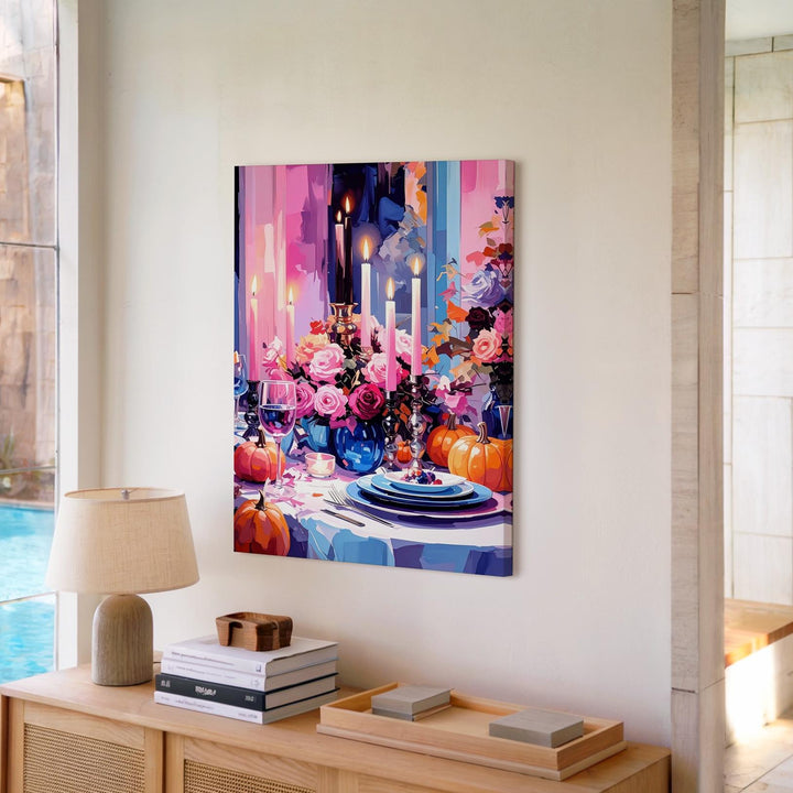 Elegant Pink & Blue Halloween Table Canvas – Glam Seasonal Interior Art - Gifitto