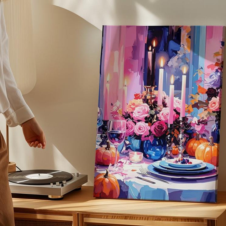 Elegant Pink & Blue Halloween Table Canvas – Glam Seasonal Interior Art - Gifitto