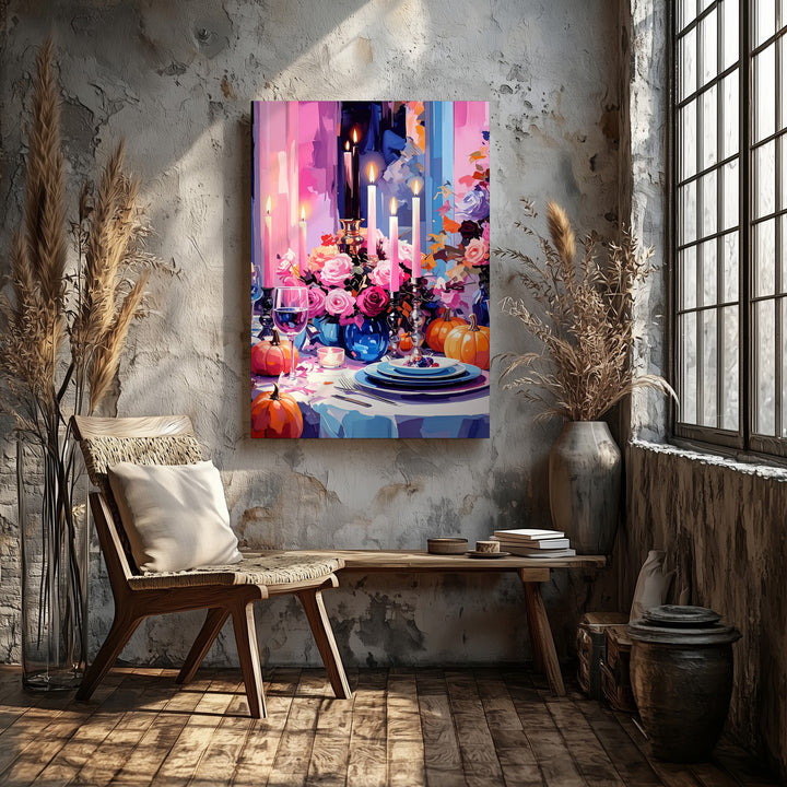 Elegant Pink & Blue Halloween Table Canvas – Glam Seasonal Interior Art - Gifitto