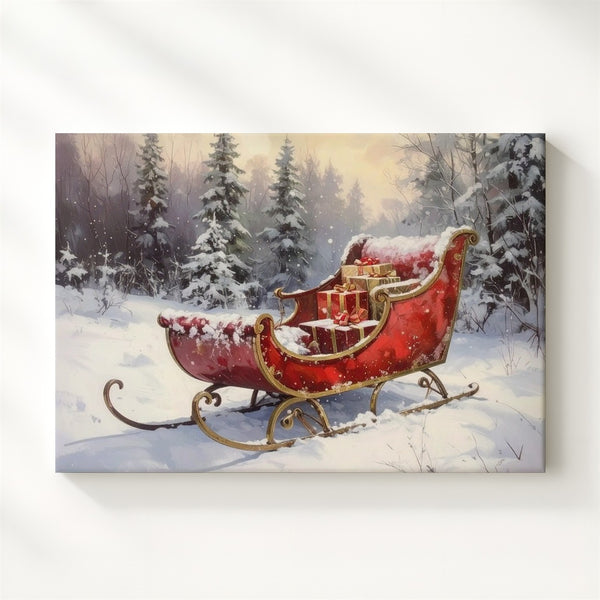 Elegant Red Sleigh Canvas – Festive Forest Clearing with Wrapped Gifts - Gifitto