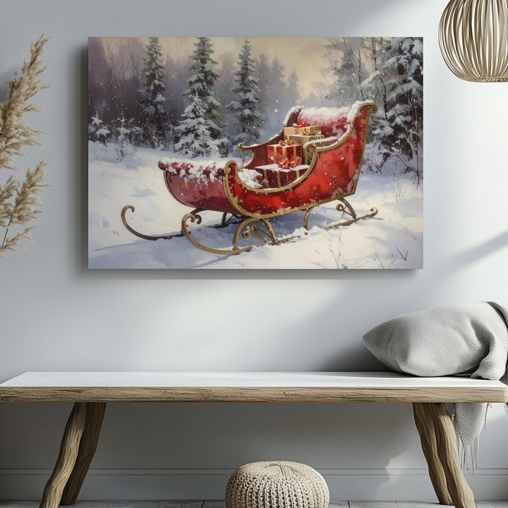 Elegant Red Sleigh Canvas – Festive Forest Clearing with Wrapped Gifts - Gifitto