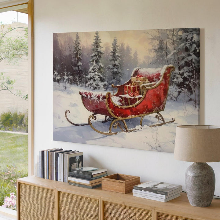 Elegant Red Sleigh Canvas – Festive Forest Clearing with Wrapped Gifts - Gifitto