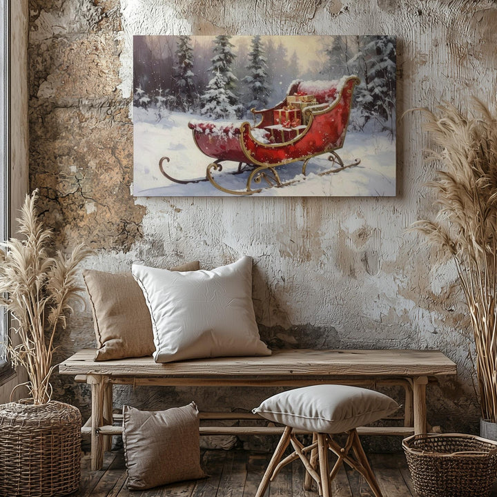 Elegant Red Sleigh Canvas – Festive Forest Clearing with Wrapped Gifts - Gifitto