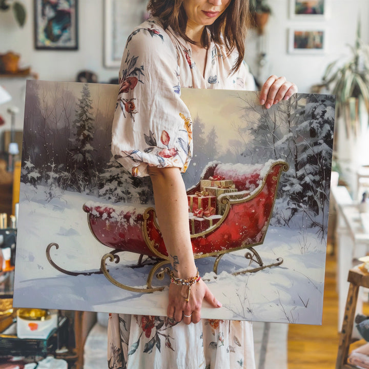 Elegant Red Sleigh Canvas – Festive Forest Clearing with Wrapped Gifts - Gifitto