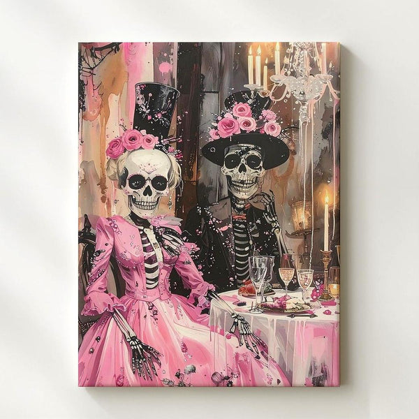 Elegant Skeleton Couple Canvas – Pink Formalwear & Glowing Dinner Art - Gifitto