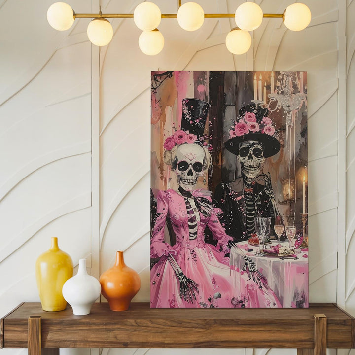 Elegant Skeleton Couple Canvas – Pink Formalwear & Glowing Dinner Art - Gifitto