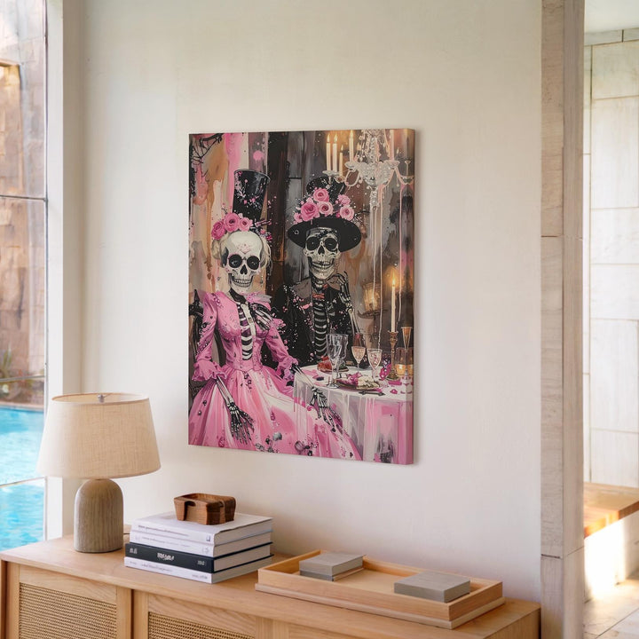Elegant Skeleton Couple Canvas – Pink Formalwear & Glowing Dinner Art - Gifitto