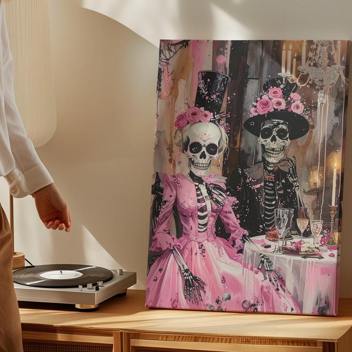 Elegant Skeleton Couple Canvas – Pink Formalwear & Glowing Dinner Art - Gifitto