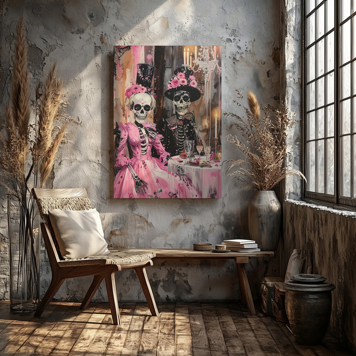 Elegant Skeleton Couple Canvas – Pink Formalwear & Glowing Dinner Art - Gifitto