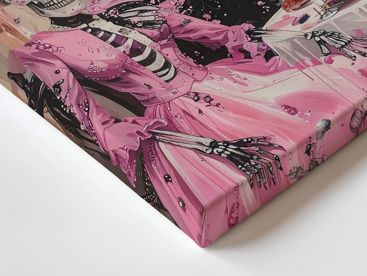 Elegant Skeleton Couple Canvas – Pink Formalwear & Glowing Dinner Art - Gifitto