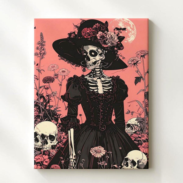 Victorian Skeleton Lady Canvas – Day of the Dead Floral Halloween Art - Gifitto