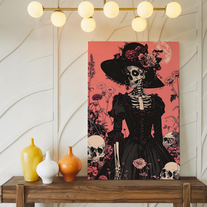 Victorian Skeleton Lady Canvas – Day of the Dead Floral Halloween Art - Gifitto