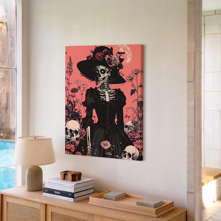 Victorian Skeleton Lady Canvas – Day of the Dead Floral Halloween Art - Gifitto