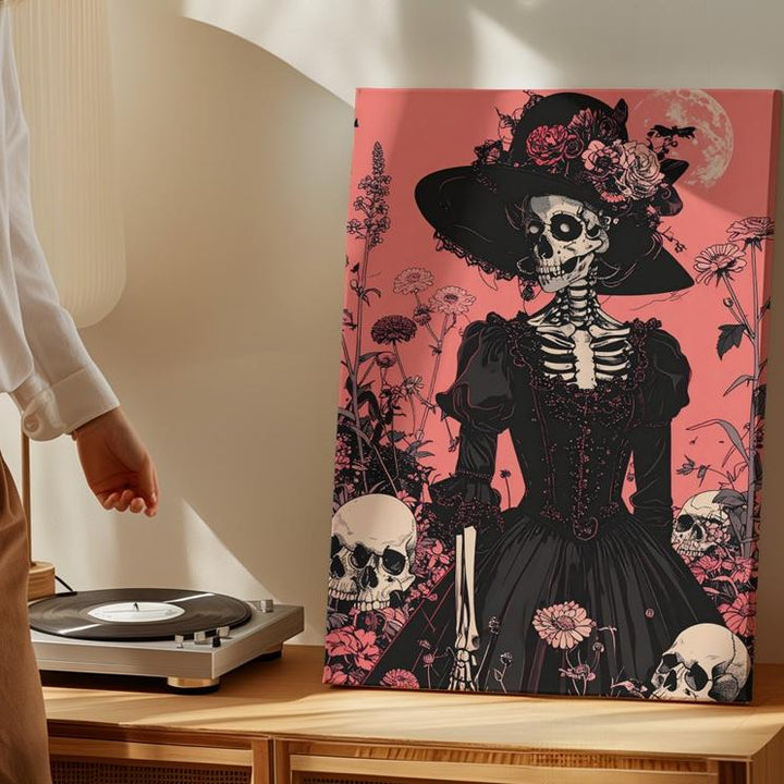 Victorian Skeleton Lady Canvas – Day of the Dead Floral Halloween Art - Gifitto